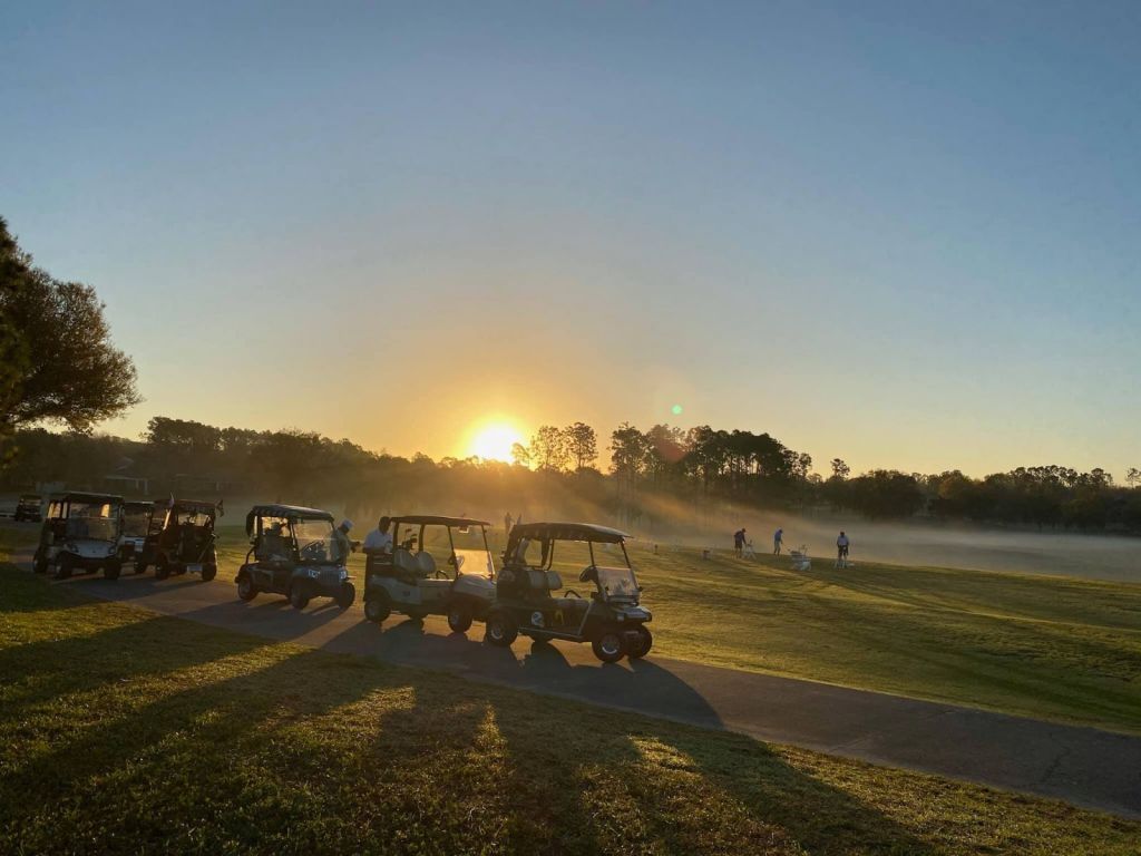 line of golf carts on the cart path